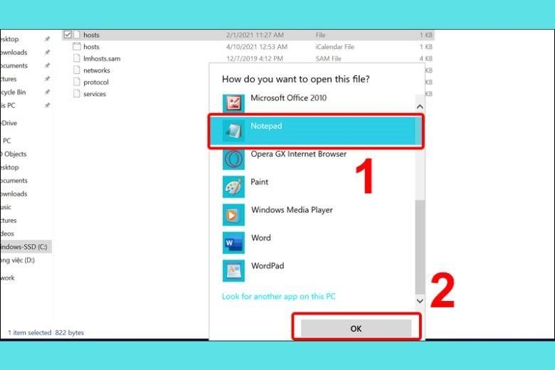 Bạn chọn Notepad là một công cụ xử lý văn bản thông dụng trên hệ điều hành Windows. Sau đó, bạn chọn OK để xác nhận lựa chọn và tiếp tục sử dụng Notepad.