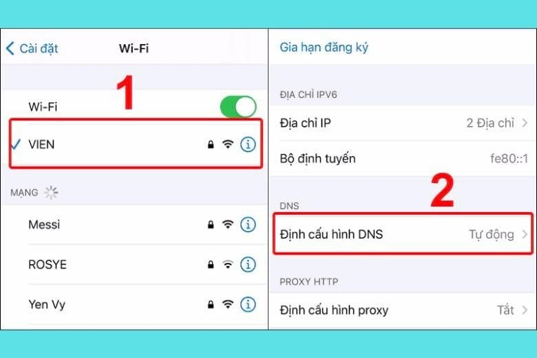 Chọn mạng WiFi hiện đang sử dụng. Tiếp theo, bạn cuộn xuống phần DNS, chọn Đặt cấu hình DNS.
