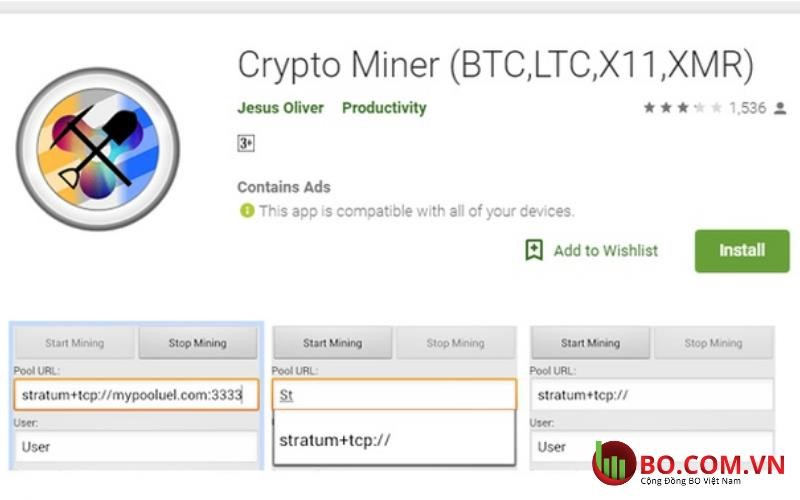 Ứng dụng Crypto Miner - phương pháp đào bitcoin miễn phí trên thiết bị di động.