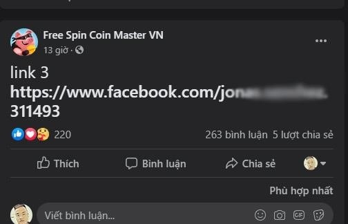 Cách tìm spin trong Coin Master qua liên kết kết bạn trên Facebook.
