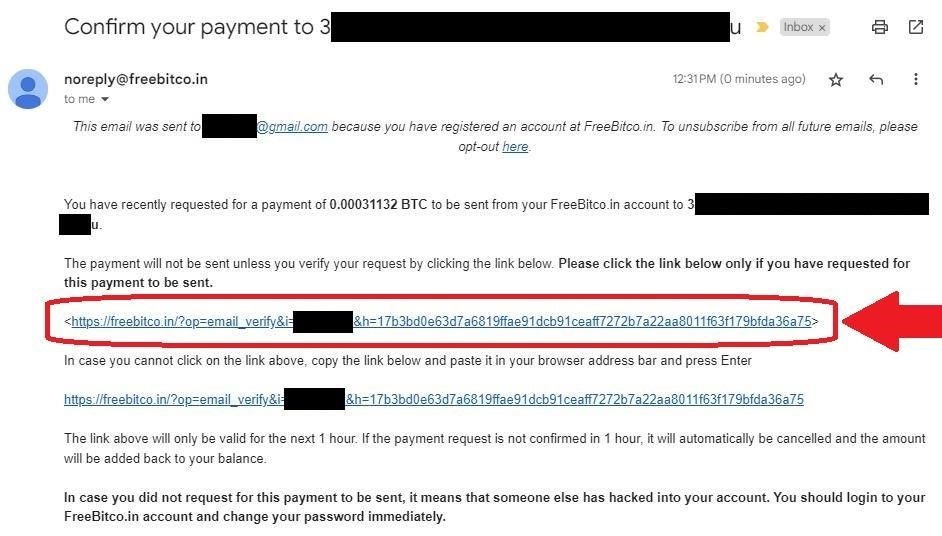 Email xác thực việc rút Bitcoin tại Freebitco