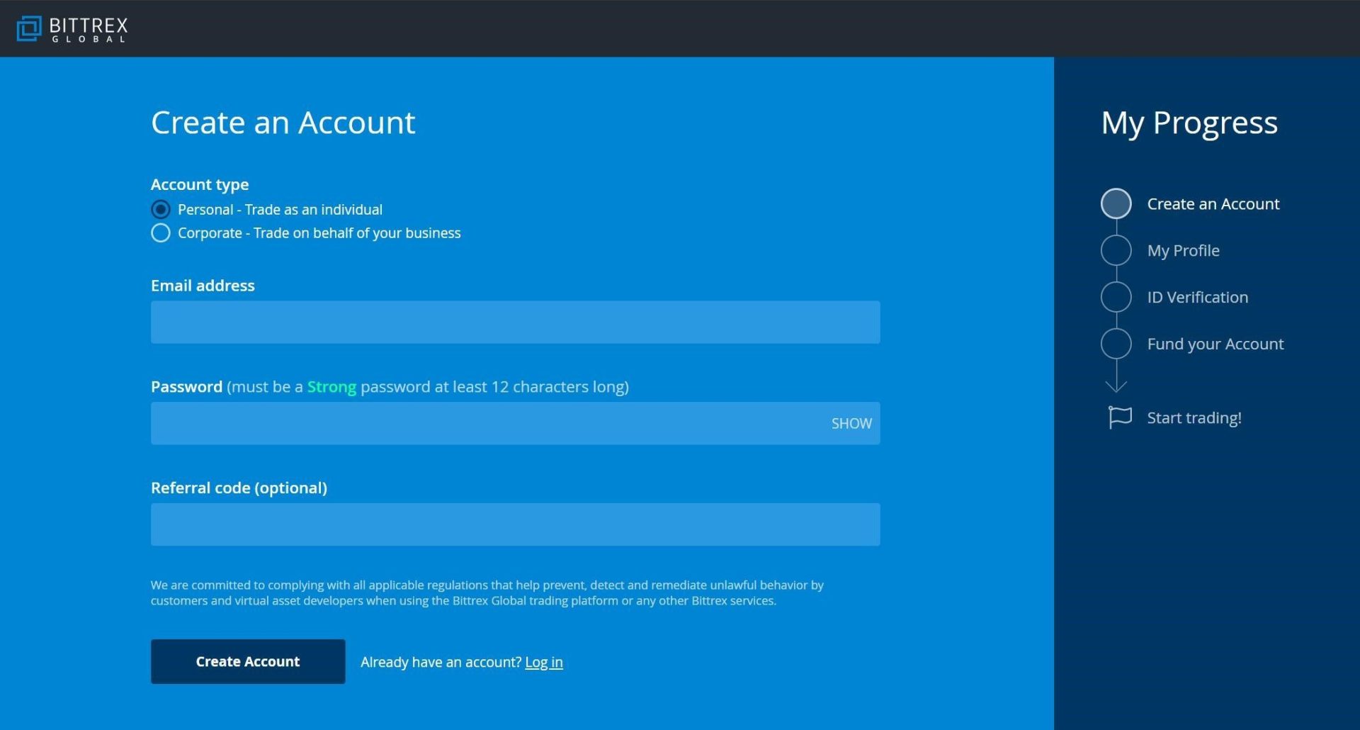 Vui lòng cung cấp email và mật khẩu để đăng ký tài khoản Bittrex.