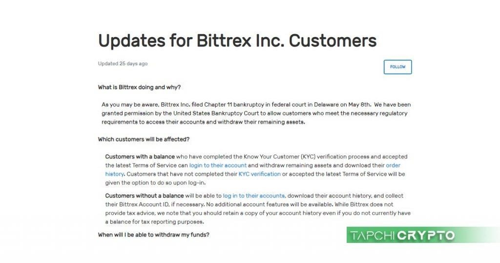 Trích một phần của lá thư chào hàng Bittrex US đệ đơn phá sản tại Hoa Kỳ.