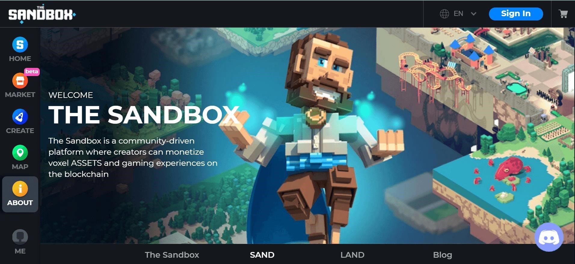 Giao diện website The Sandbox: www.sandbox.game được thiết kế với một cách trình bày hấp dẫn và dễ sử dụng, mang lại trải nghiệm tuyệt vời cho người dùng.