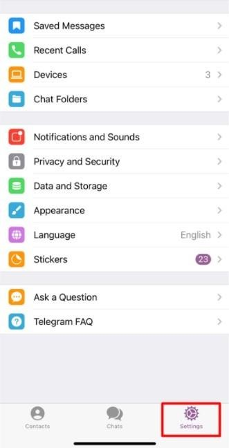 Mở ứng dụng Telegram trên điện thoại và chọn phần Cài đặt (Nguồn: Internet)